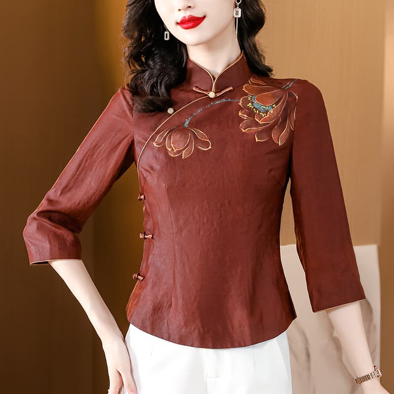Chinese Classic Red Cloud Silk Hand-Painted Lotus Short Cheongsam Women's Chinese Tang Suit Top