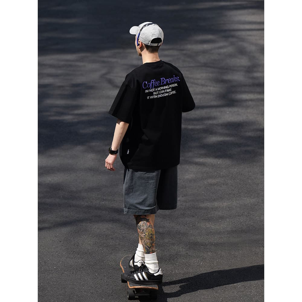 BEILKEMIDHA Retro Coffee Theme Slogan Print Summer Versatile Loose Fit Cotton Short Sleeve T-Shirt