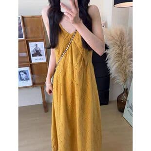 French Lace Camisole Dress Women Summer V-Neck Slimming Long Dress Yellow Cotton A-Line Dress