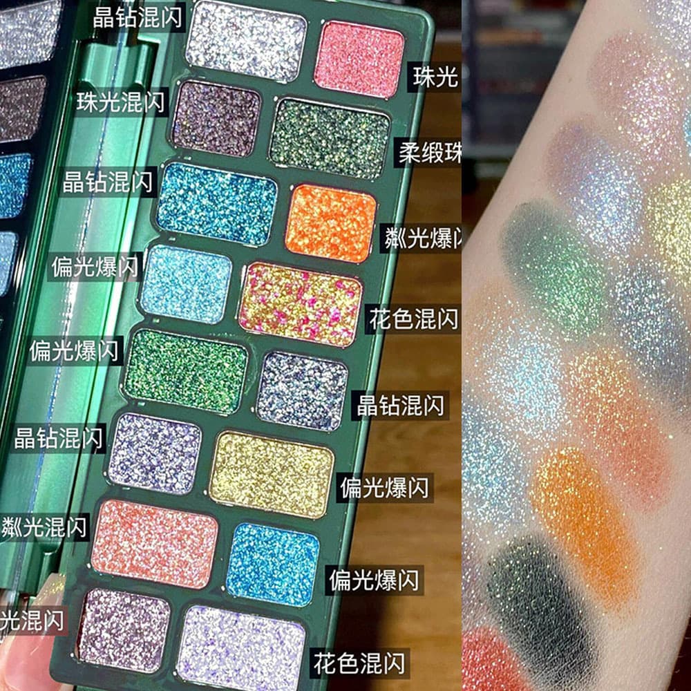 All-Shimmer Ultra-Flash 16-Color Eyeshadow Palette, Pearlescent Diamond Glitter, Glassy Iridescent Multi-Color Makeup, Versatile for Stage and Western Smoky Eye Looks