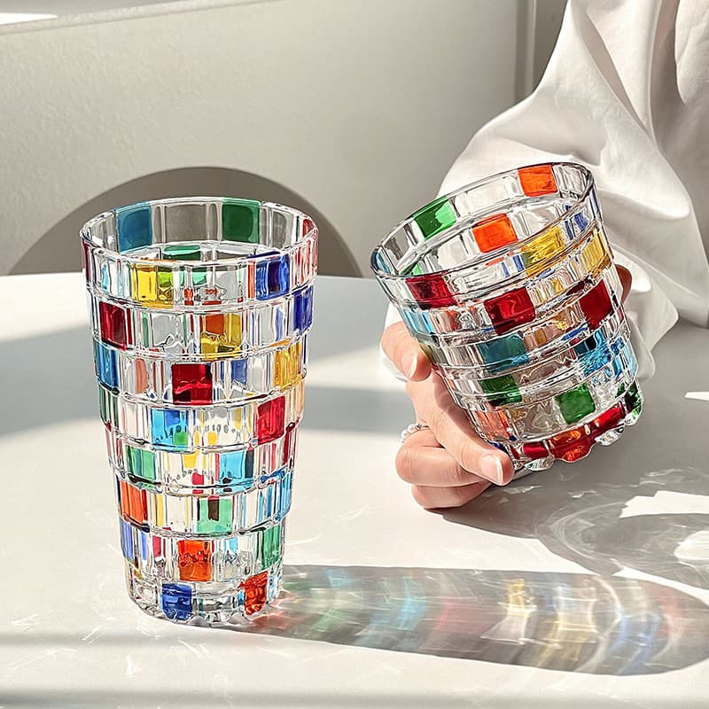 Vintage Ins Painted Glass Cup Bling Bling Rainbow Light Refraction Hand-Painted Colorful Checkered Juice Cup
