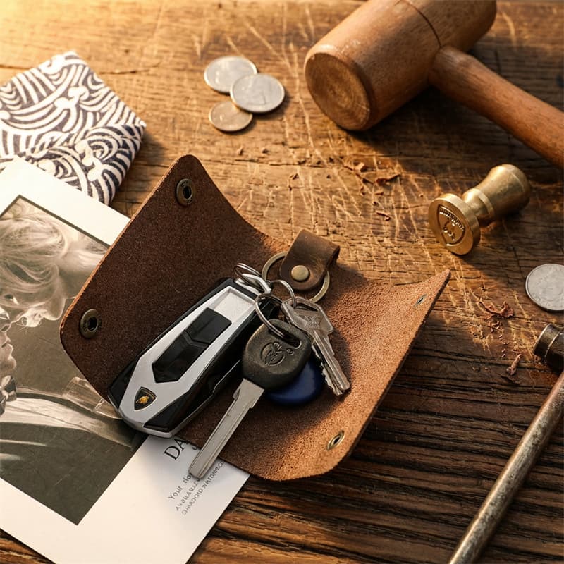 New Home Large Capacity Genuine Leather Short Key Holder for Men, Crazy Horse Top Layer Cowhide, Simple Car Key Case Fashion