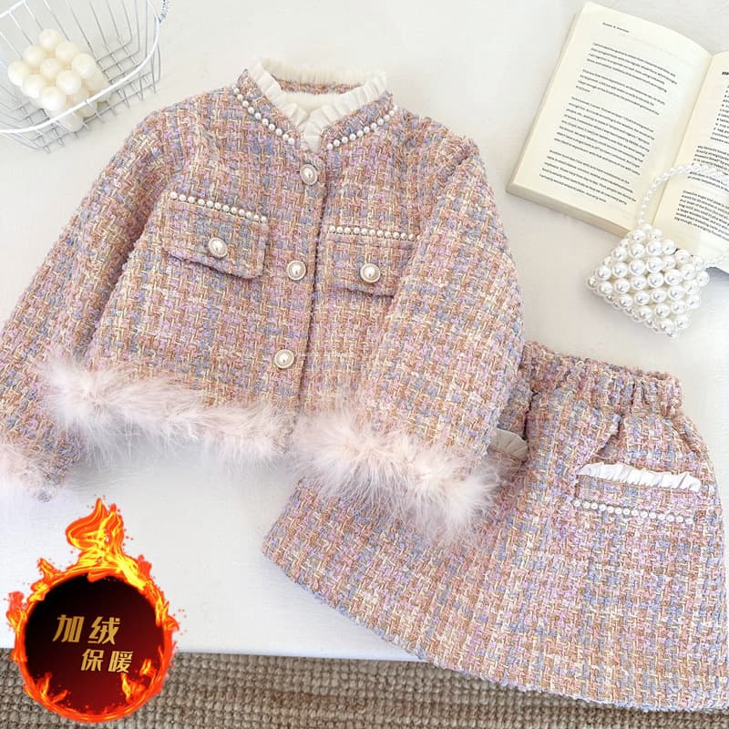 Girls' Trendy Chanel-Style Skirt Set with Fur 2025 Winter New Fashion Thickened Coat and Skirt Two-Piece Set