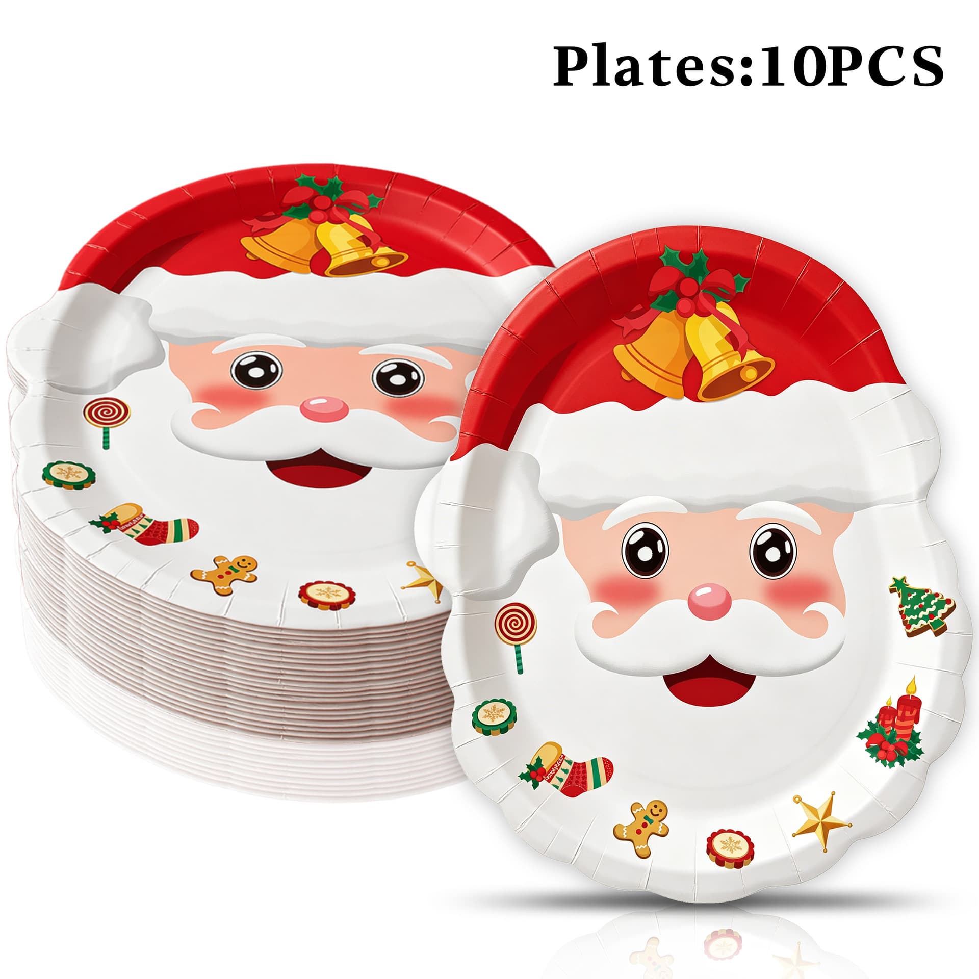 Christmas themed party tableware, Santa-shaped paper plates, paper towels and cups, disposable cutlery, forks and spoons for decoration