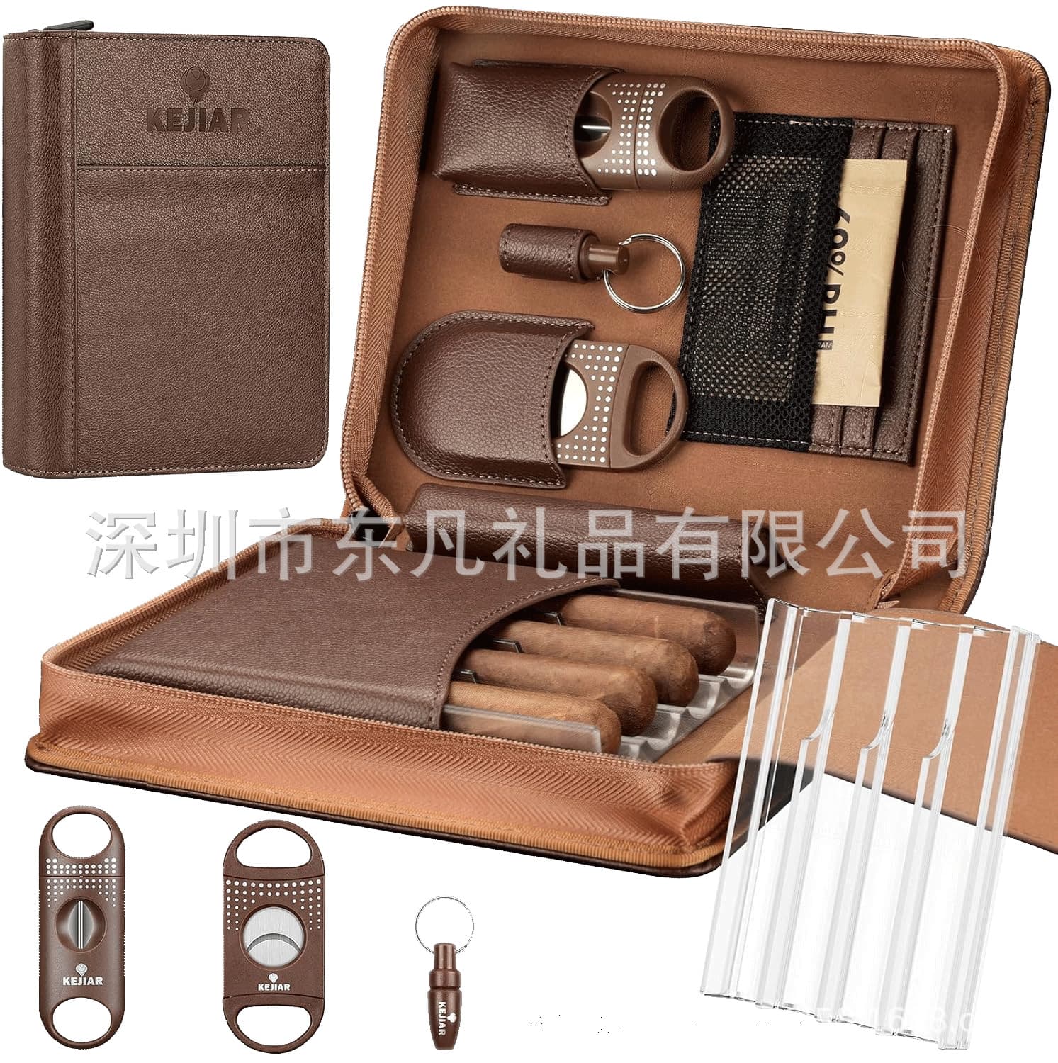 Export Leather Case Six-Cigar Box with Pocket Simple Leather Cedar Wood Humidor with Scissors Leather Sleeve