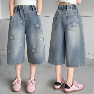 Girls Summer Denim Shorts for Older Kids, Star Embroidery Denim Mid-Length Shorts, New Summer Fashion Street Style Five-Point Pants