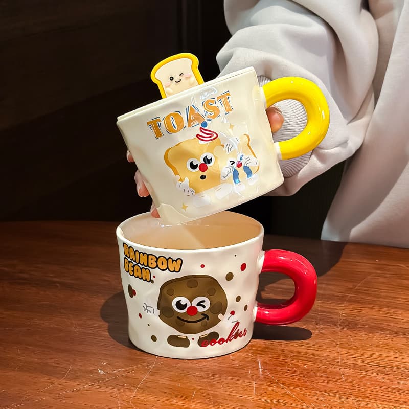 Cute Cartoon Mug with Lid and Spoon Ceramic Cup for Girls High-Value Office Water Cup Practical Birthday Gift