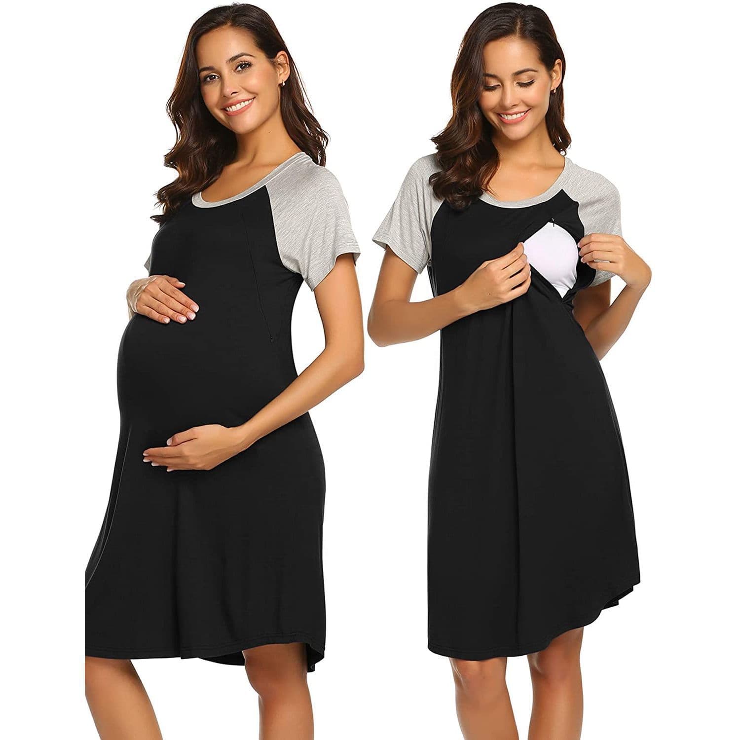 European and American Maternity Wear Cross-Border Elastic Comfortable Stitching Short Sleeve Round Neck Nursing Dress Pajamas for Expectant Mothers