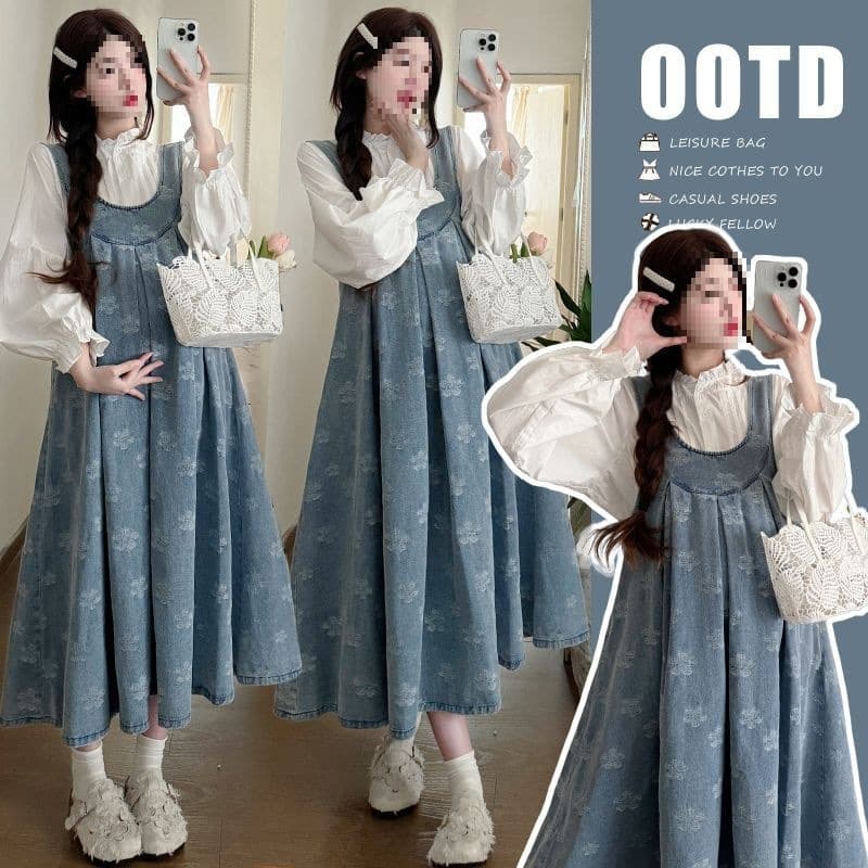 Maternity Suit Fall Fashion Set Loose Mid-Length Trendy Mom Denim Overalls with Shirt Set