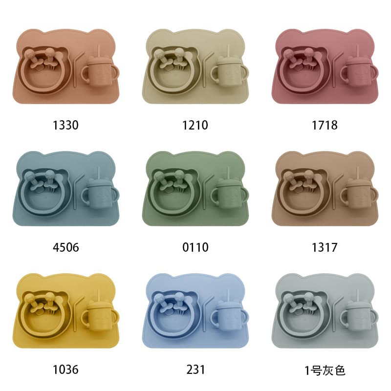 Children's silicone dinner plate set cartoon bear bowl spoon infant feeding saliva pocket baby learning drinking cup feeding