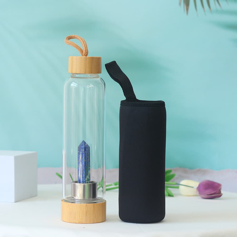 Cross-border bamboo lid glass cup, natural hexagonal crystal pillar energy glass water cup, water bottle crystal tea cup, customizable logo