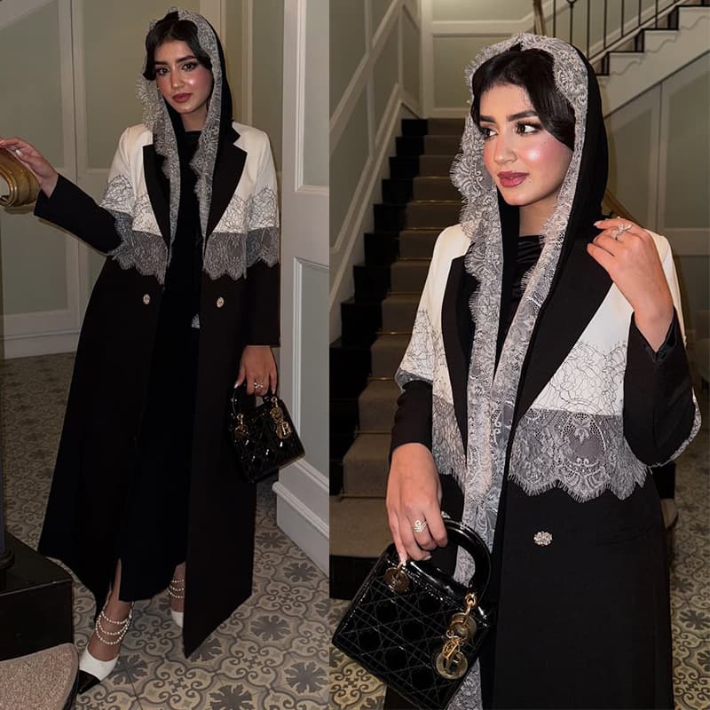 MQ250 Factory Direct Modest New Jacket Lace Trim Stitching Headscarf Turn-Down Collar Long Robe Outerwear Women's Clothing