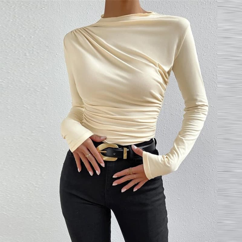 Hot-Selling Women's Cross-Border Autumn Winter Solid Color Elegant Slim Fit Base Layer Versatile Pleated Design Long Sleeve T-Shirt