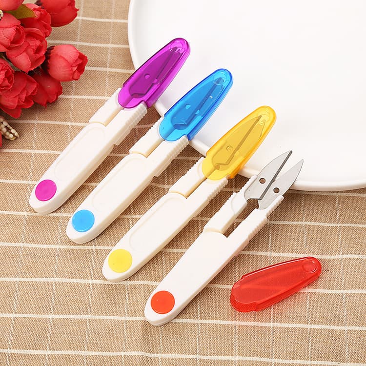 Cross-stitch small scissors transparent covered thread snip safety sewing scissors household U-shaped plastic spring yarn cutter wholesale