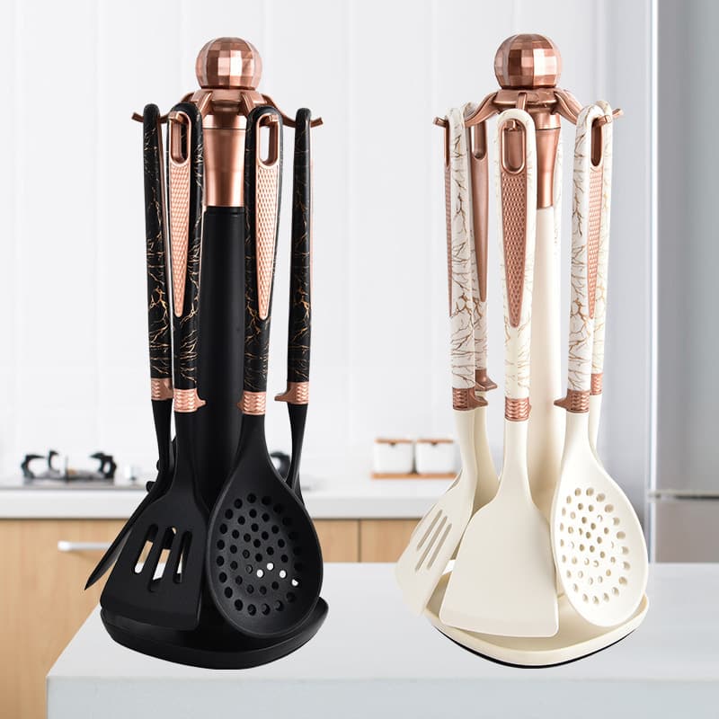 Non-Stick Silicone Kitchen Utensils 7-Piece Set with Storage Rack, Household Cooking Set Spatula Soup Ladle Diamond Pattern Cooking Set