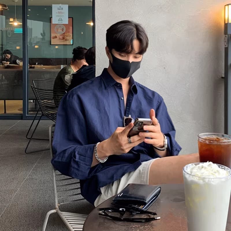 Blue Shirt for Men Premium Trendy Japanese Design Korean Style Island Outfit Casual Long Sleeve Shirt Jacket