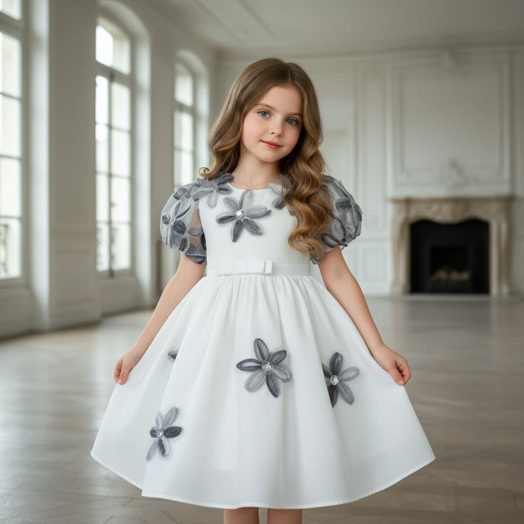 Cross-border exclusive girls' dresses with puff sleeves and bows, princess dresses, wedding season flower girl princess dresses, French dresses