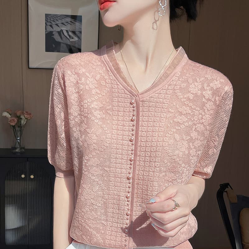 [Factory Direct] Summer Thin V-Neck Tencel Women's T-Shirt Solid Color Jacquard Loose Ice Silk Short-Sleeved Top