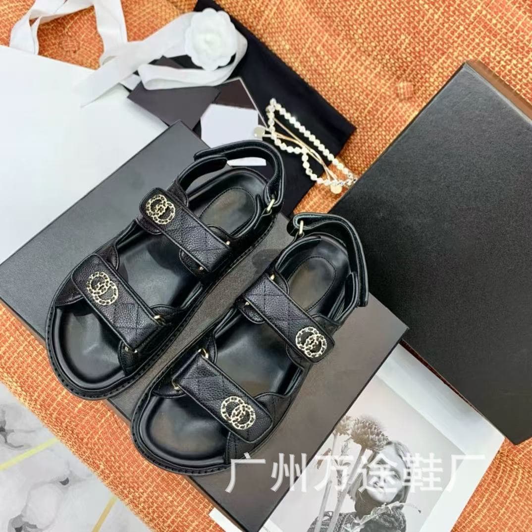 2025 Velcro Sandals for Women, Genuine Leather Chain Flat Open-Toe Outdoor Slip-On Sandals, Beach Roman Shoes, Flat Heel