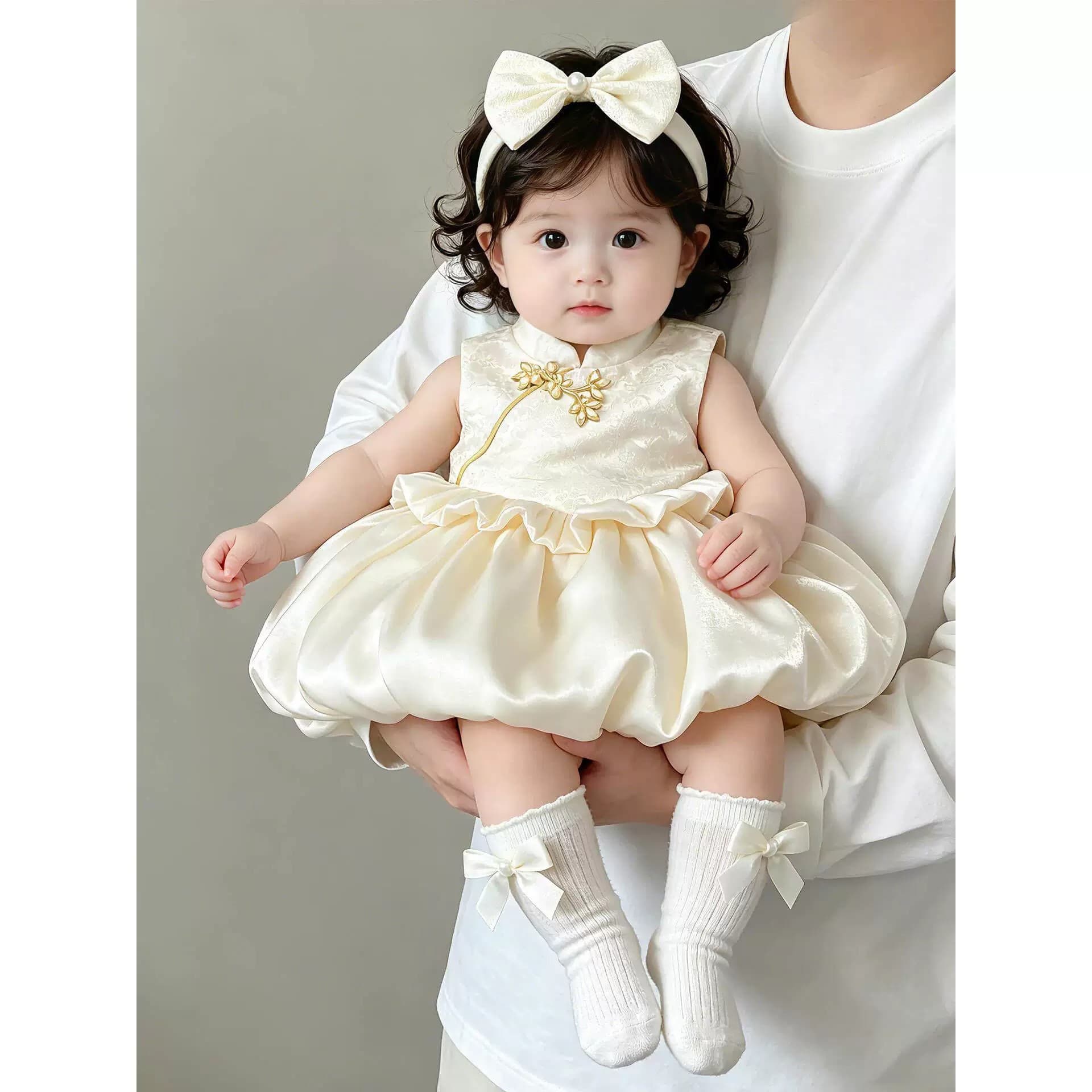 Girls' First Birthday Dress, Chinese Style Little Princess Dress, Vest Style Bud Skirt, Infant Light Apricot Princess Dress