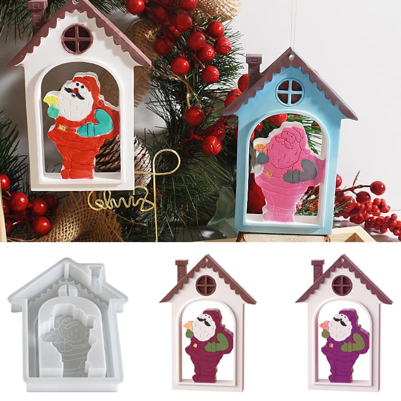 Christmas Santa Claus House Hanging Sign Aroma Mold DIY Resin Plaster Table Decoration Silicone Mold