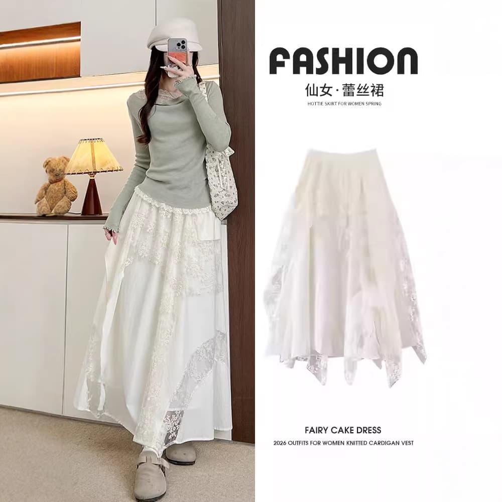 White mesh skirt for women spring and summer new style irregular skirt high waist slim lace splicing gentle style long skirt