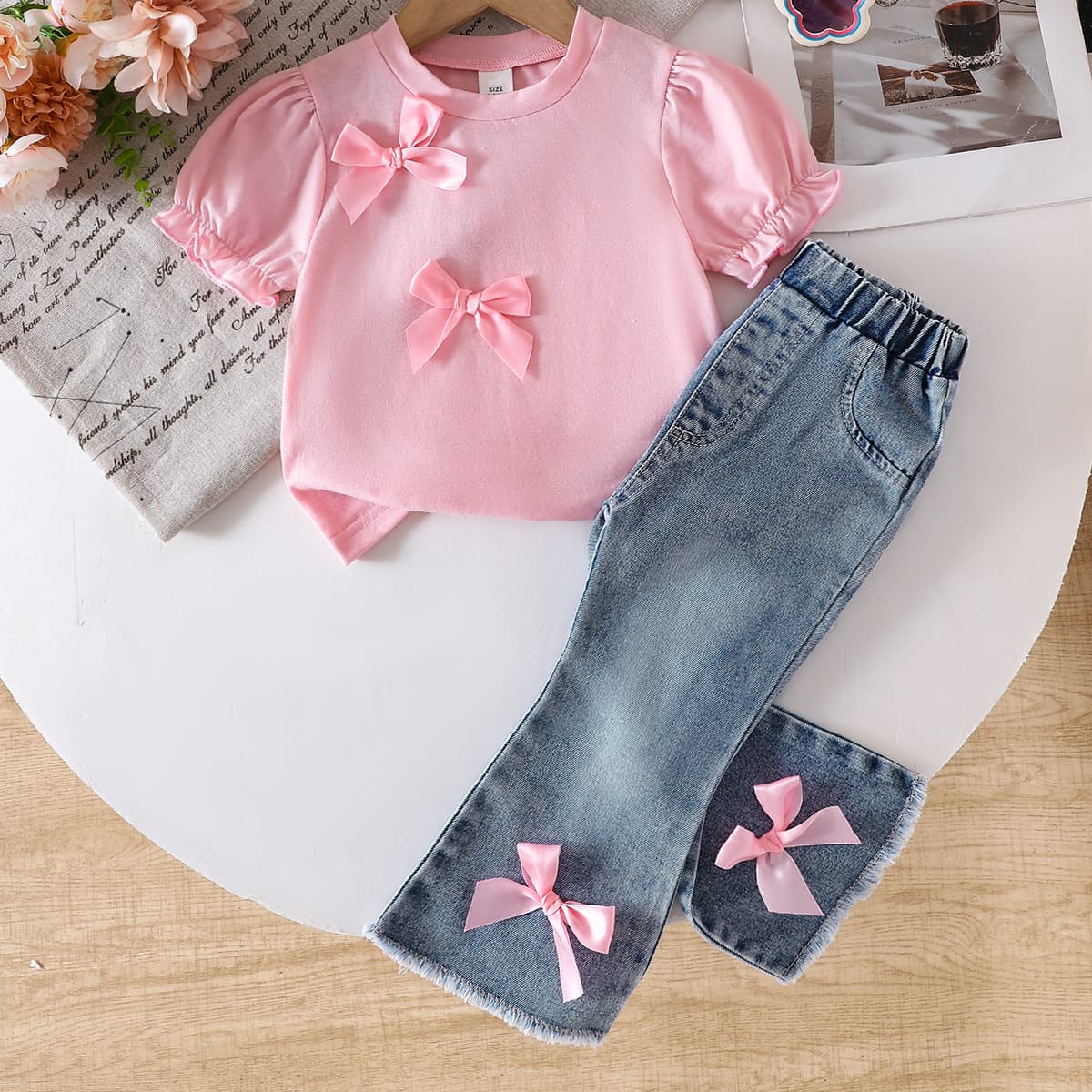 Baby Girls Clothes 0-3Y Summer Bubble Sleeve Bow Top + Denim Long Pants In Stock