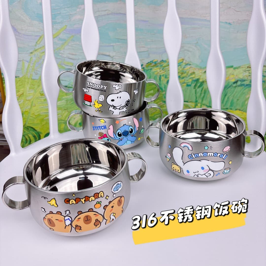 Snoopy Kuromi Stainless Steel Bowl Cute Baby Food Bowl Double Layer Thickened Anti-Fall Anti-Scald Children's Bowl Tableware