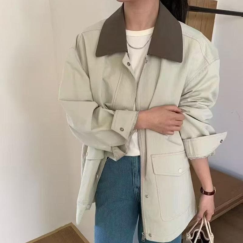 Contrast color lapel loose Korean mid-length windbreaker jacket 2025 spring new versatile high-end jacket top