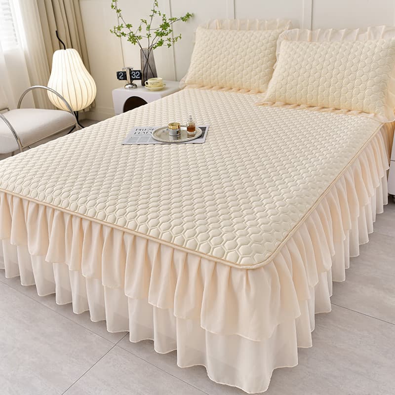 Korean Style Lace Trim Ice Silk Latex Cooling Mat Three-Piece Set Bed Skirt Style Solid Color Air Conditioning Mat Live Streaming Hot Seller Wholesale