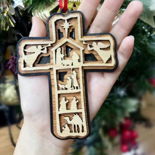 Cross-border New Product Christmas Tree Cross Pendant Office Decoration Wooden Hanging Ornament Religious Craft Hot Selling Wholesale