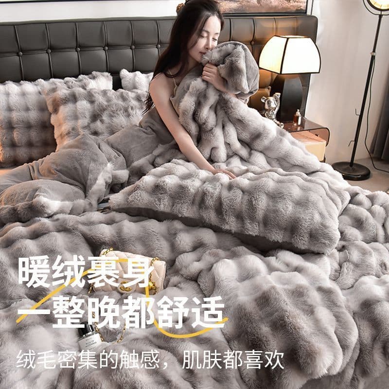 Light Luxury Gradient Rabbit Plush Bedding Four-Piece Set, Flannel Milk Fleece Sheet Duvet Cover Fitted Sheet Three-Piece Set Cross-Border E-commerce