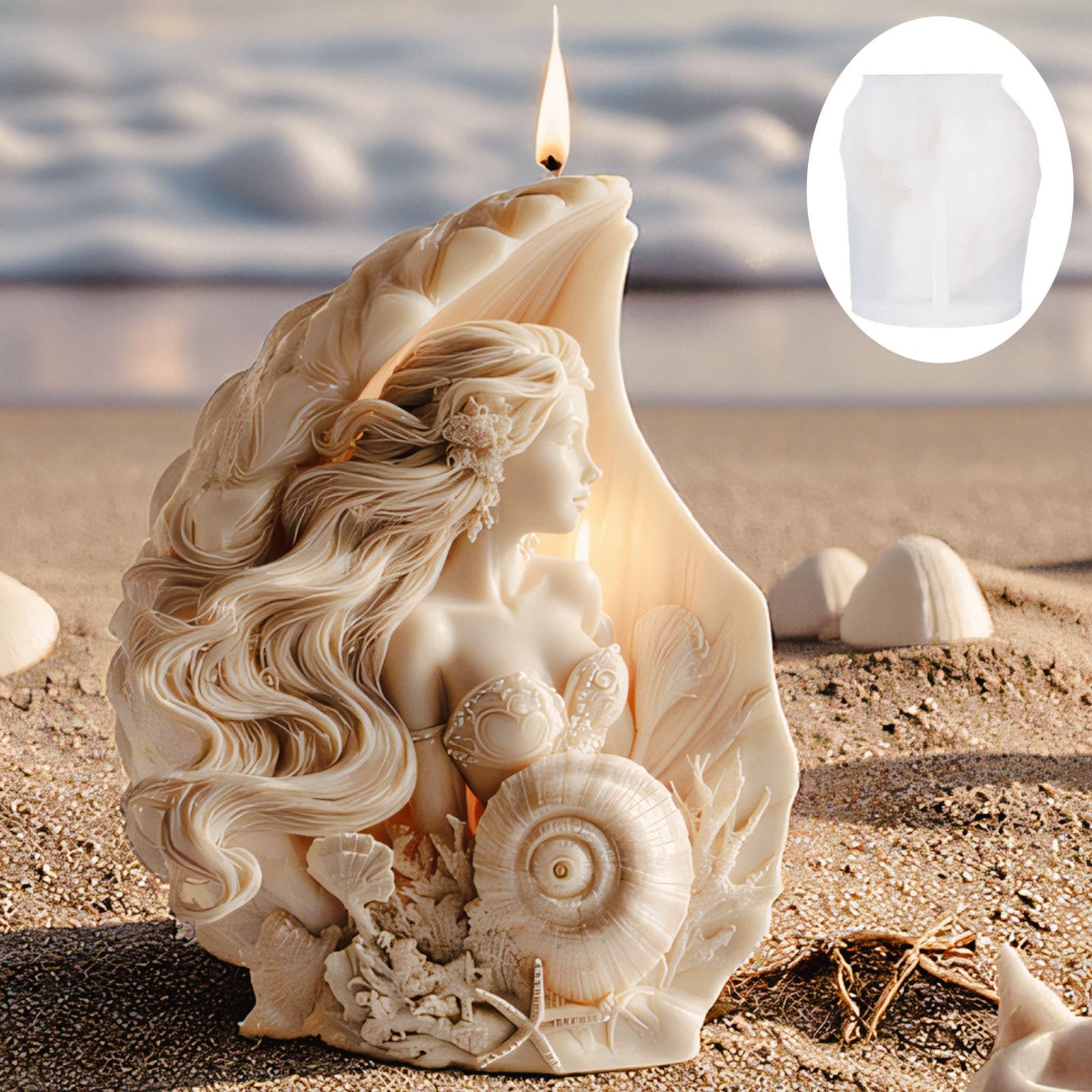 3D Shell Long Hair Mermaid Scented Candle Silicone Mold Vintage Ocean Goddess Handmade Wax Mold