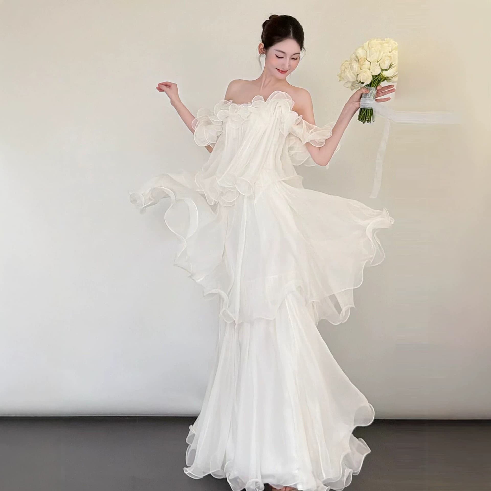 Light Wedding Dress One-Shoulder Strapless 2026 New French Fairy Style Bride Morning Robe Puffy Tulle Engagement Dress for Women