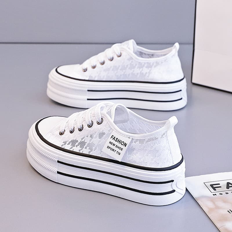 Thick Sole Height Increase 5CM Summer Breathable Mesh Lace Women's Shoes Fashion Versatile Casual Hollow White Sneakers