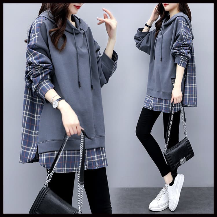 6535 Cotton Fake Two-piece Hoodie Women's Hooded Autumn Korean Style Loose Plus Size Women's Clothing Patchwork Plaid Jacket