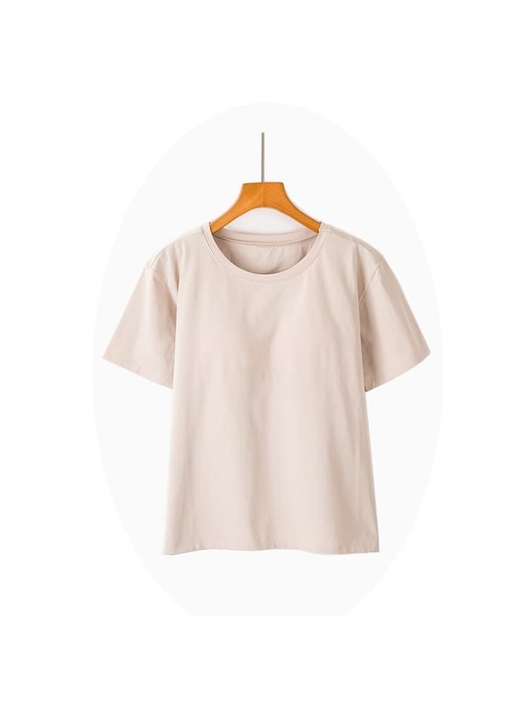 Women's half-sleeved T-shirt with breast pads, pure cotton, versatile and integrated cup, can be worn outside in summer, round neck home clothes, breathable and comfortable