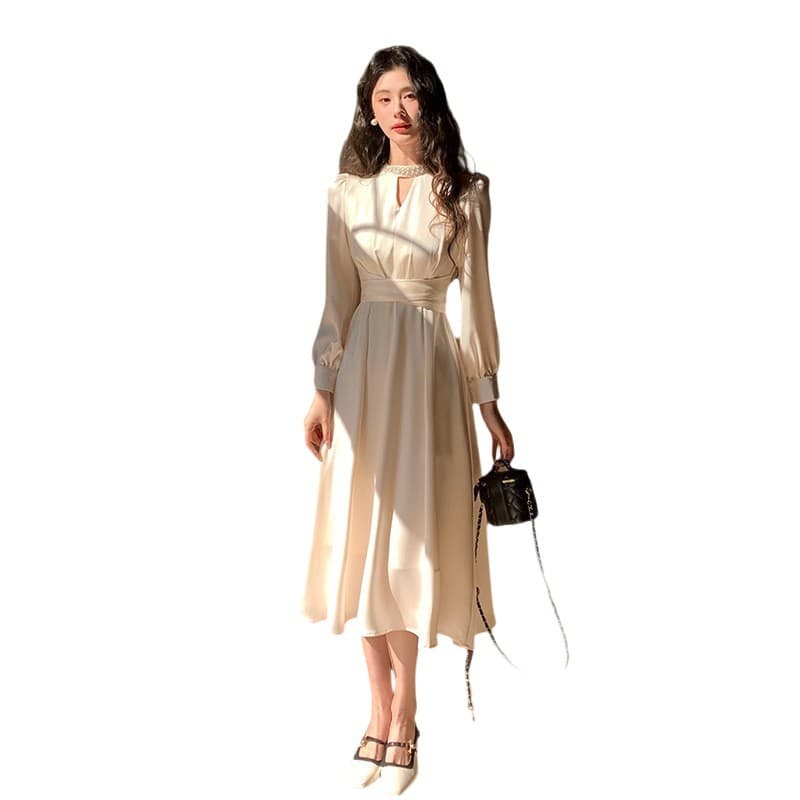 5602 European and American Cross-border Women's Fashion Long Sleeve Acetate Satin Tie Waist Pleated Flared Dress
