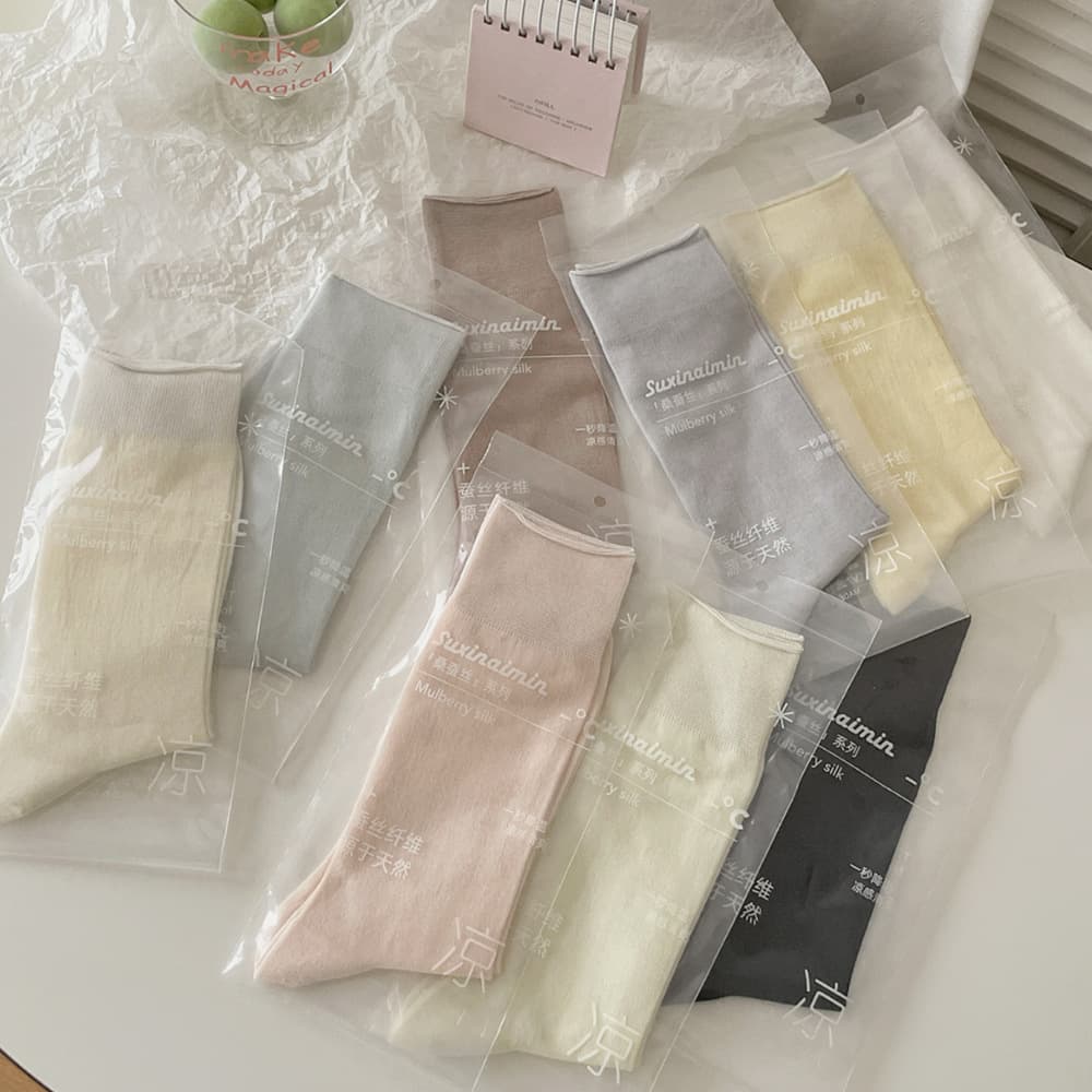 Suxinaimin Women's Spring/Summer Thin Mulberry Silk Breathable Mid-Calf Socks White Postpartum Stacked Socks Long Socks