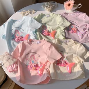 Girls' Summer New Mermaid Print Short Sleeve T-Shirt Pink Cute Slim Cotton Children's Summer Top