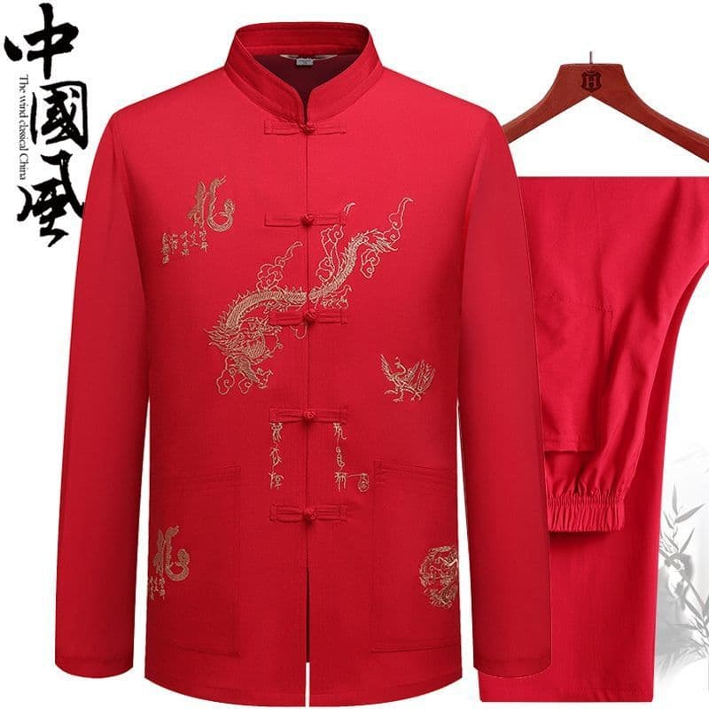 Tang Suit Middle-Aged and Elderly Men's Hanfu Spring Summer Dad Long Sleeve Shirt Set, Grandpa Short Sleeve Tai Chi Morning Exercise Outfit