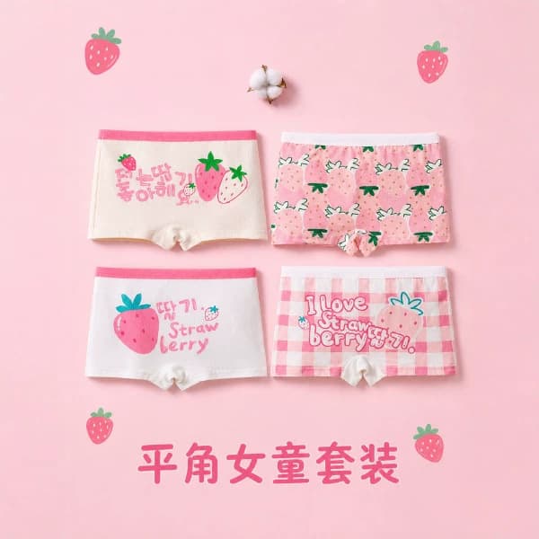 Children's Cotton Boxer Briefs for Girls Strawberry Print Kids Underwear Bulk Stock Girls Boxer Set