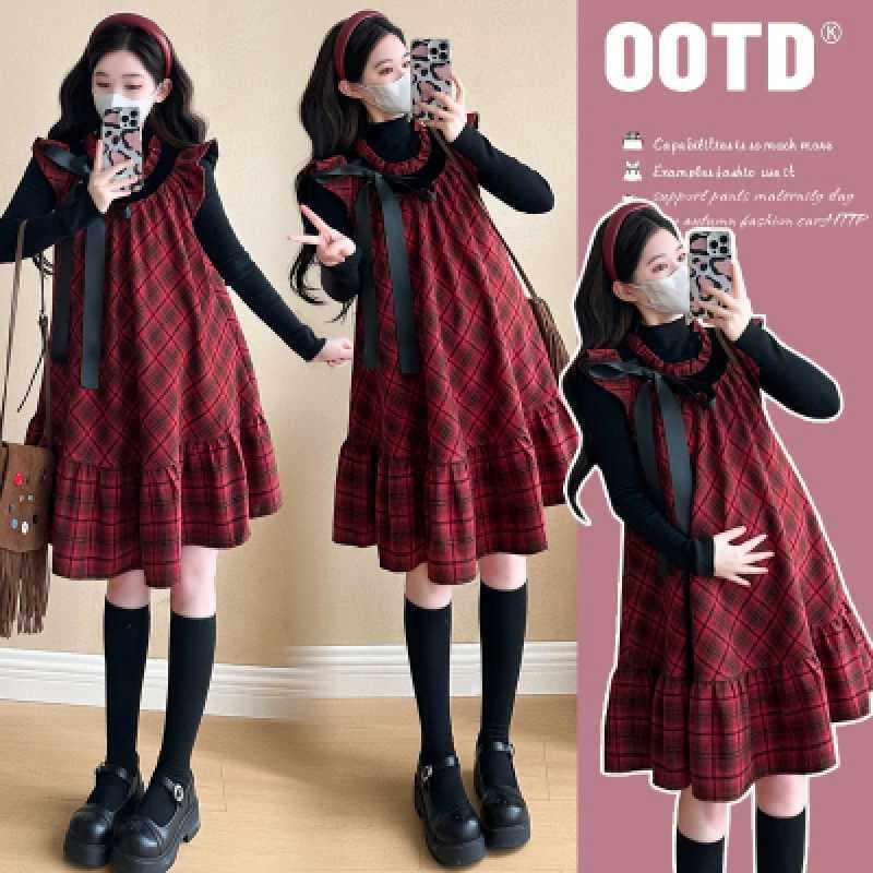 Real Shot Maternity Wear Red Plaid Dress Women Autumn/Winter Sweet Bow Tie Design Sense Small Flutter Sleeve Set