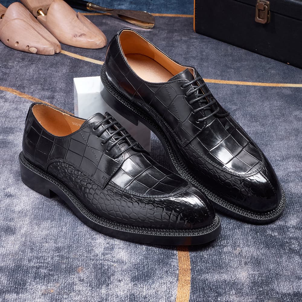 High-Quality Men's Shoes British Style Men's Leather Shoes Black Genuine Cowhide Crocodile Print Formal Derby Shoes Thick Sole Height Increase
