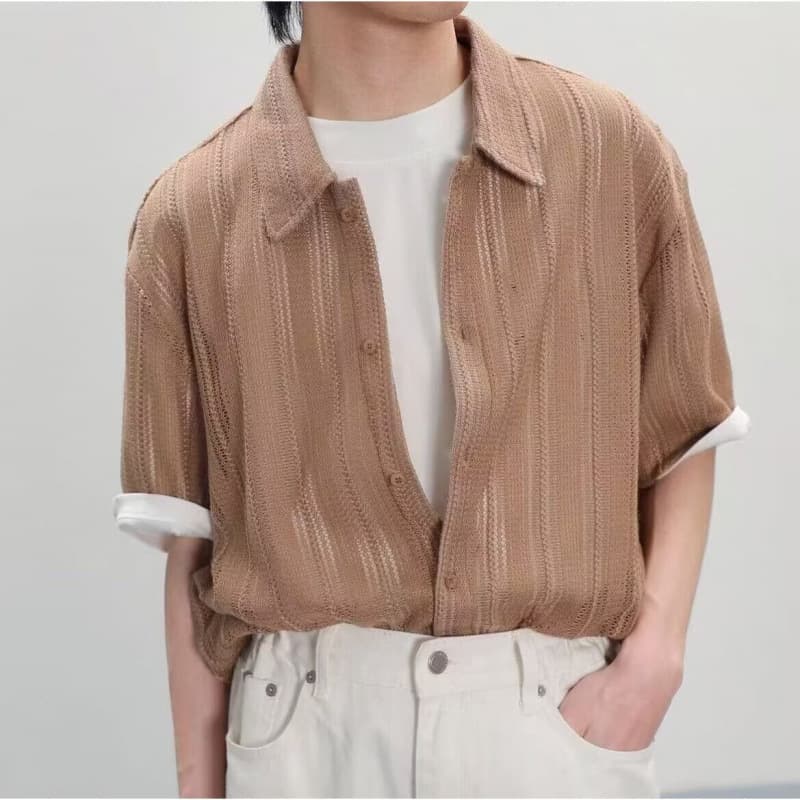 Men's American Hollow Jacquard Shirt, Textured Loose Short Sleeve, Old Money Style Brown Floral Shirt, Hawaiian Shirt Trendy