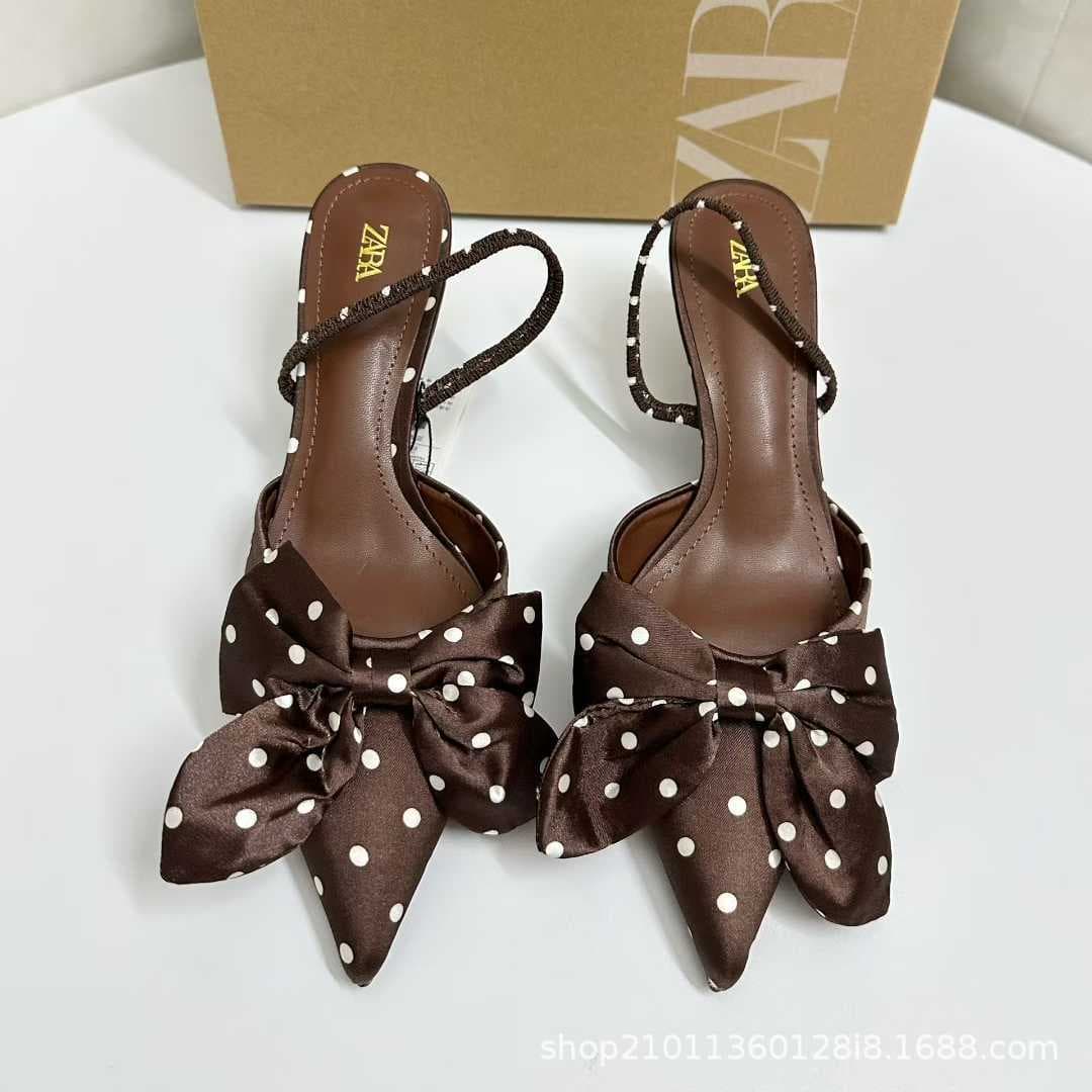 ZA New Arrival 2025 Fall Little Chanel Style Women's Shoes Satin Bow Thin Heel Sandals Open Back One-Strap High Heels