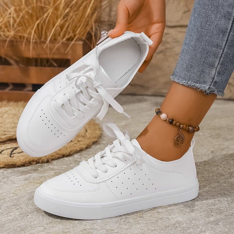 Fashionable Breathable White Sneakers for Women 2026 Summer New Solid Color Lace-up Casual Flat Shoes