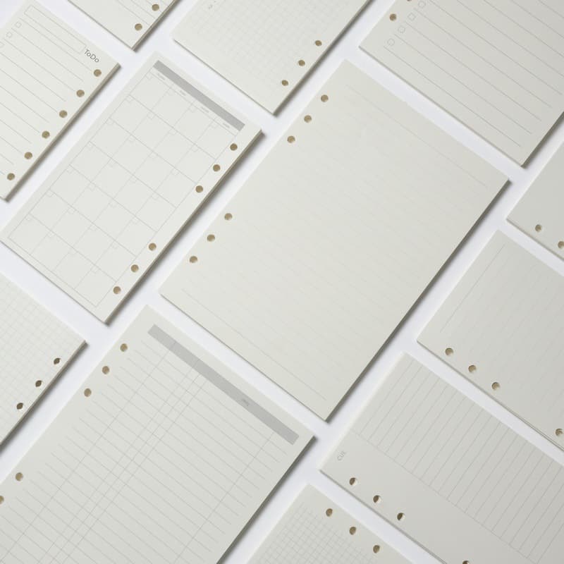 Notebook refills (A5, A6, B5), notebook inserts, planner refills, dot-matrix grid blank, daily/monthly planners
