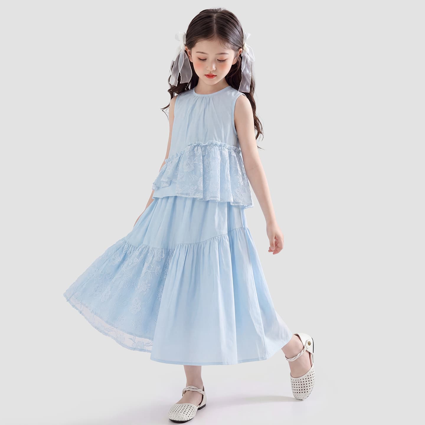 Girls suit skirt summer dress 2026 new big children's style summer lace sleeveless top skirt two-piece set