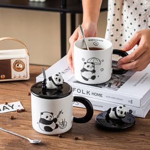 Hand-Painted Cute Panda Mug, High-Quality Ceramic Cup with Lid and Spoon, Couple Water Cup, Office Coffee Mug